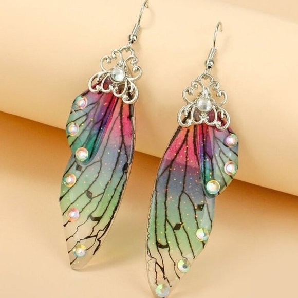 Jewelry - Rhinestone Butterfly Wing Design Multi Color Earrings